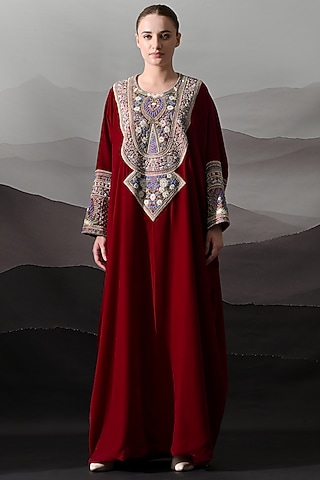 Maroon Linen Silk Embroidered Kaftan by Samant Chauhan