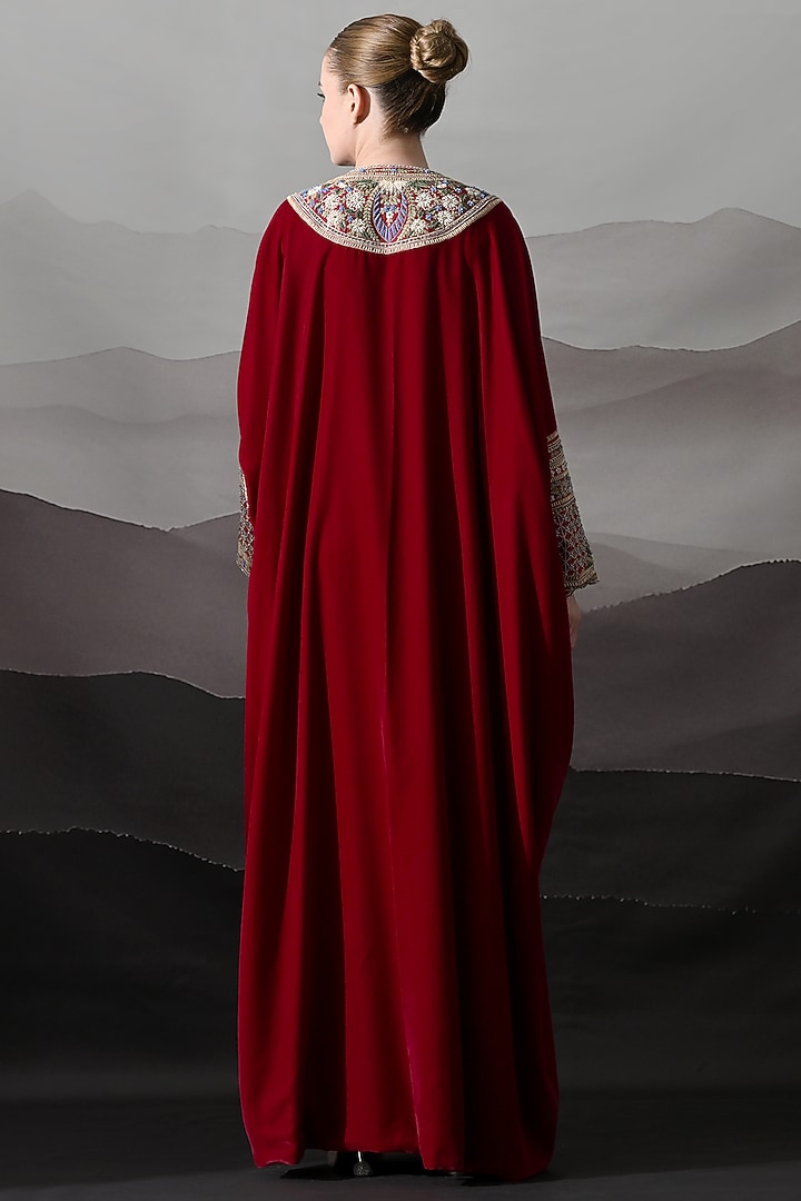 Maroon Linen Silk Embroidered Kaftan by Samant Chauhan at Pernia's Pop Up Shop
