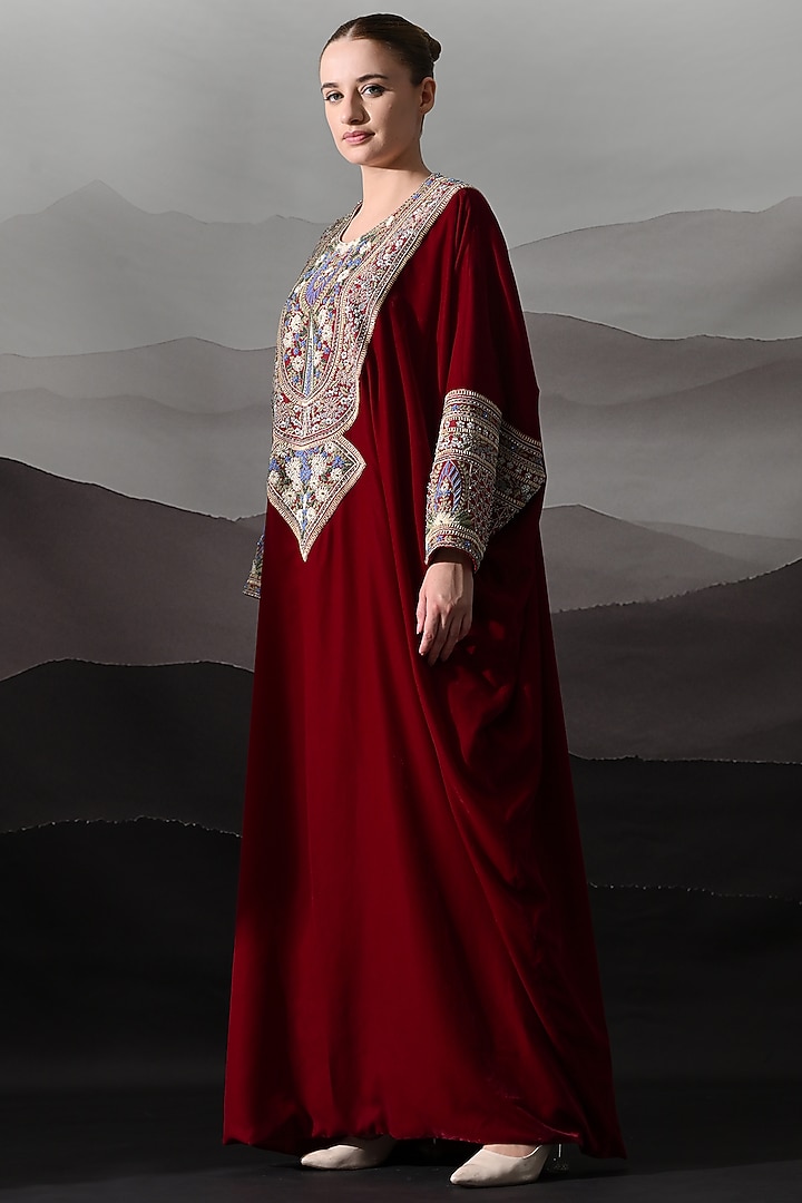 Maroon Linen Silk Embroidered Kaftan by Samant Chauhan at Pernia's Pop Up Shop