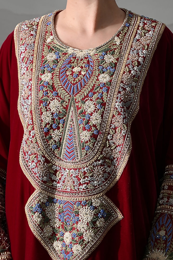 Maroon Linen Silk Embroidered Kaftan by Samant Chauhan at Pernia's Pop Up Shop