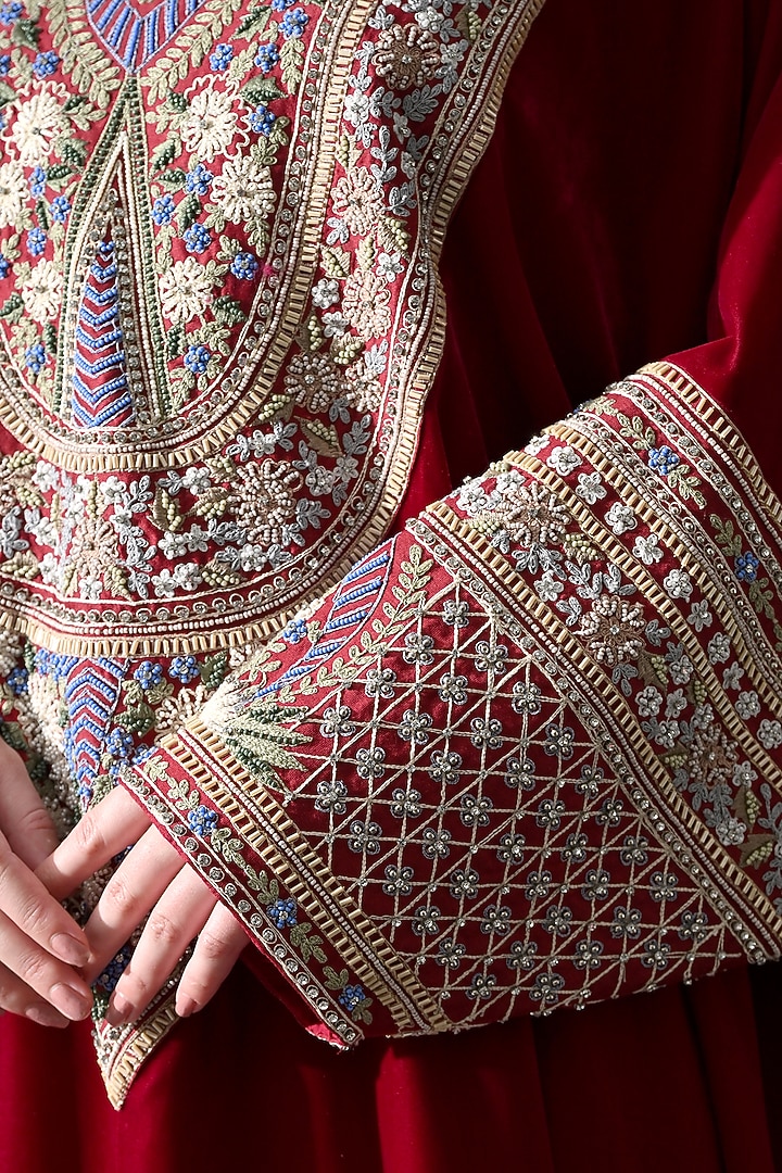 Maroon Linen Silk Embroidered Kaftan by Samant Chauhan at Pernia's Pop Up Shop