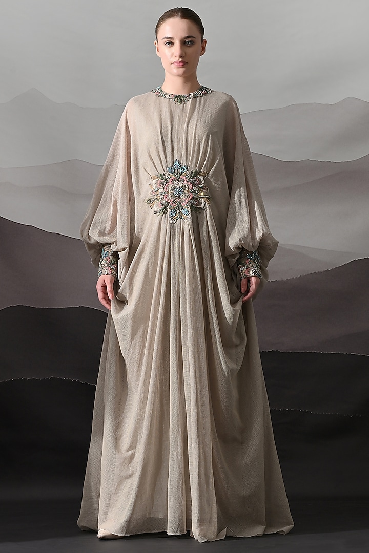 Beige Net Cotton Hand Embroidered Draped Kaftan by Samant Chauhan at Pernia's Pop Up Shop