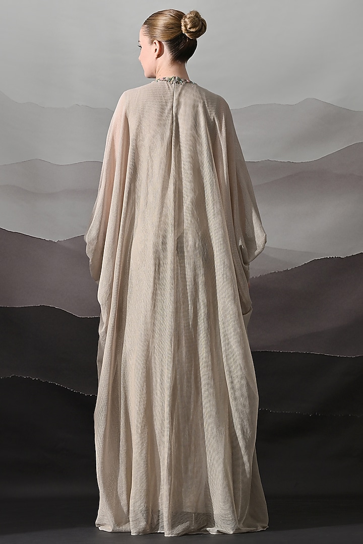 Beige Net Cotton Hand Embroidered Draped Kaftan by Samant Chauhan at Pernia's Pop Up Shop