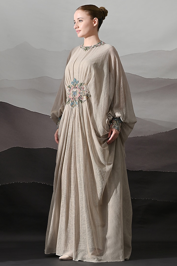 Beige Net Cotton Hand Embroidered Draped Kaftan by Samant Chauhan at Pernia's Pop Up Shop