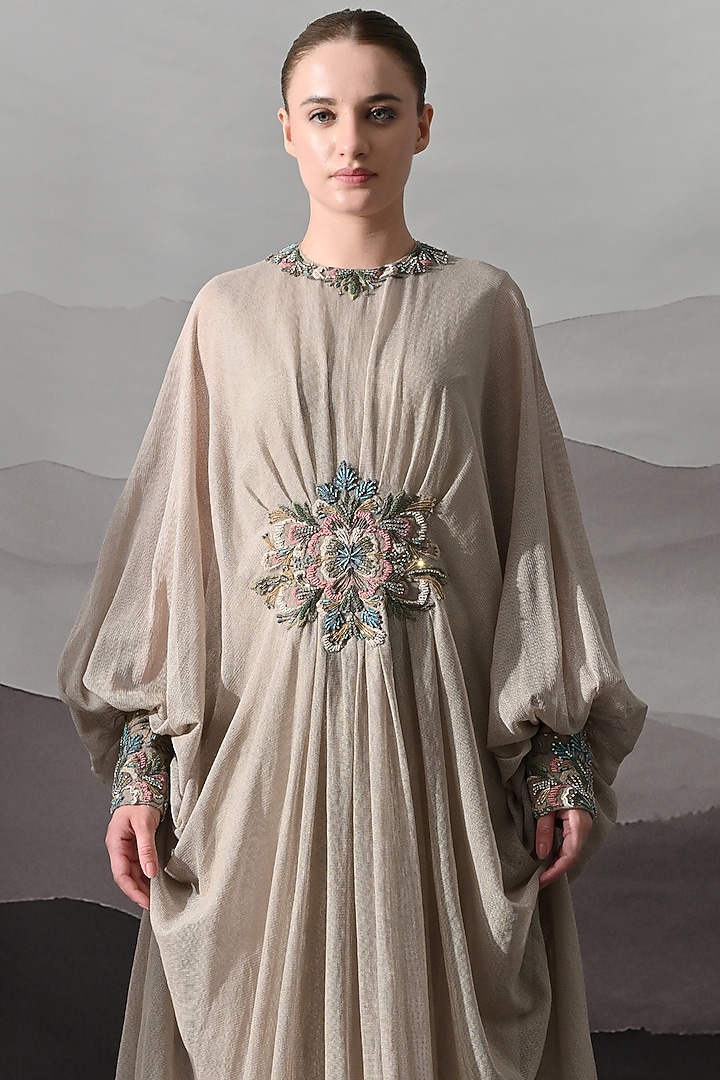 Beige Net Cotton Hand Embroidered Draped Kaftan by Samant Chauhan at Pernia's Pop Up Shop