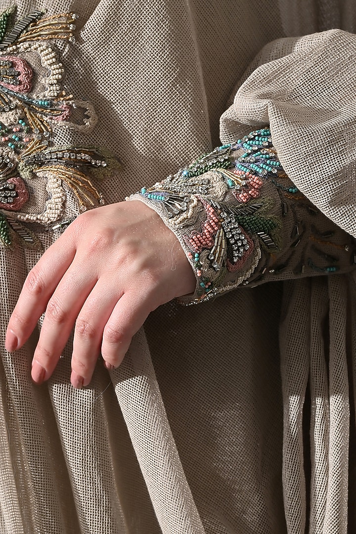 Beige Net Cotton Hand Embroidered Draped Kaftan by Samant Chauhan at Pernia's Pop Up Shop
