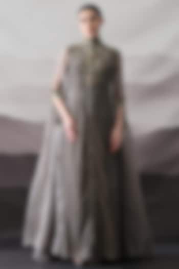 Soft Grey Organza Sculpted Kaftan by Samant Chauhan at Pernia's Pop Up Shop