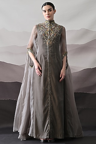 Soft Grey Organza Sculpted Kaftan by Samant Chauhan