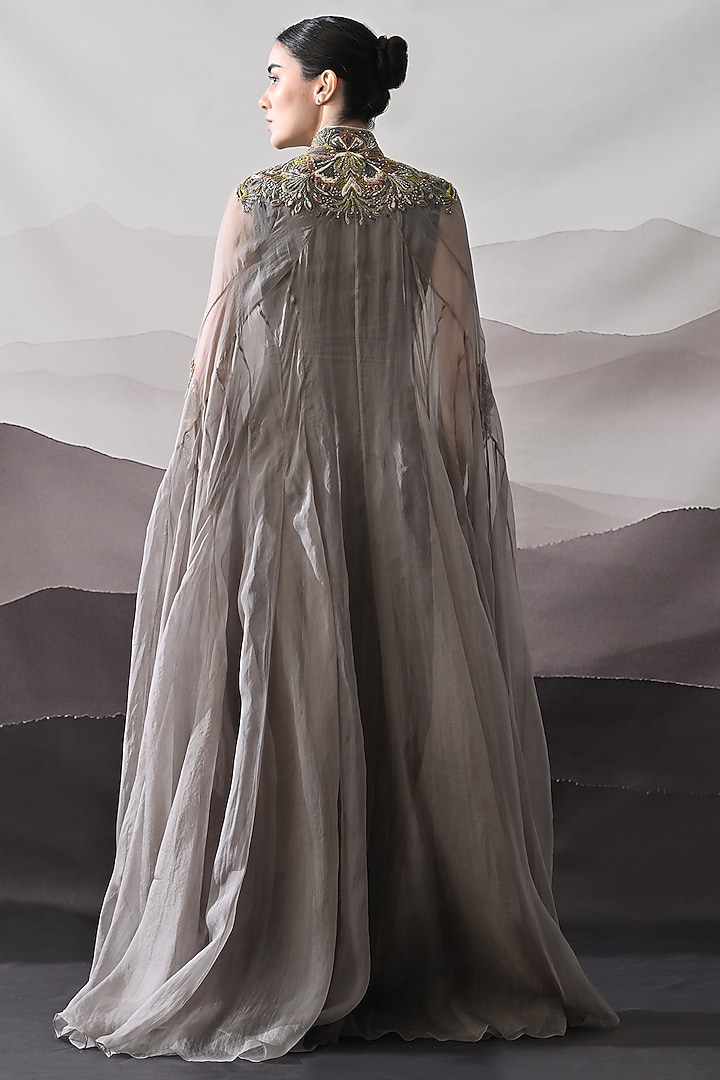 Soft Grey Organza Sculpted Kaftan by Samant Chauhan at Pernia's Pop Up Shop