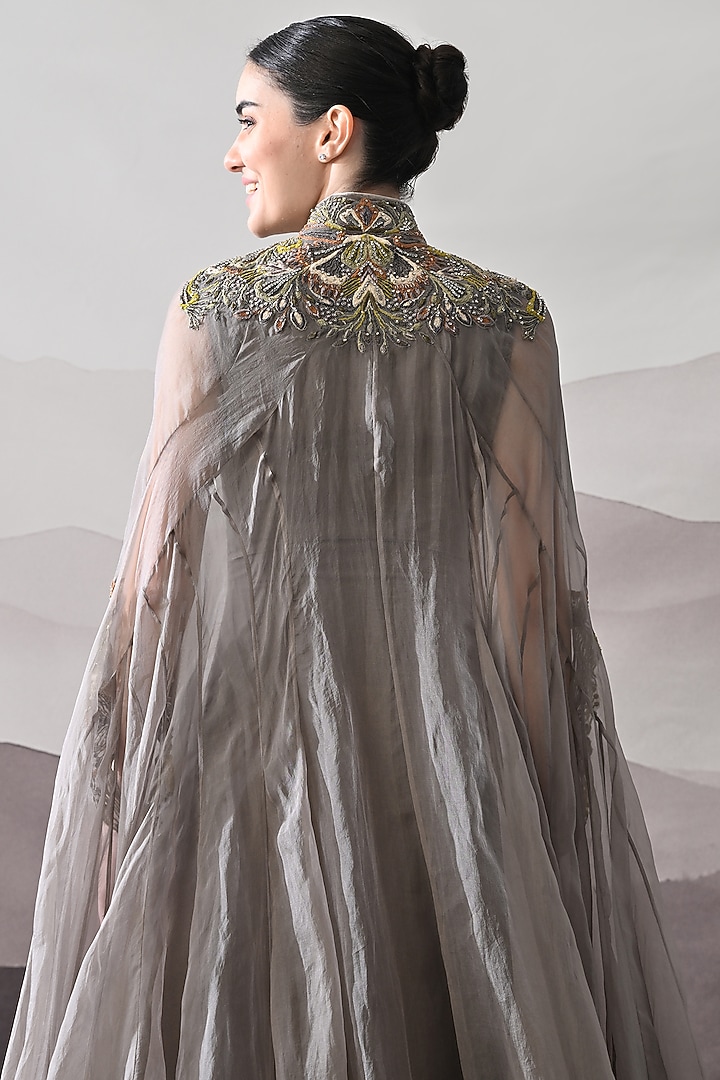 Soft Grey Organza Sculpted Kaftan by Samant Chauhan at Pernia's Pop Up Shop
