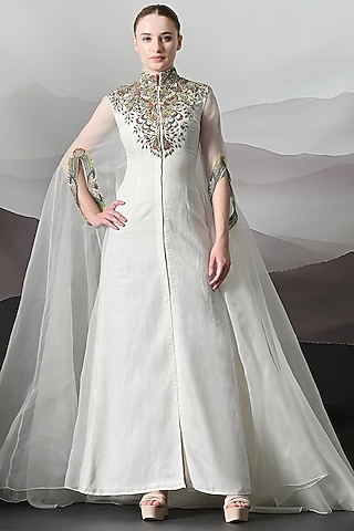 Ivory Organza & Cotton Silk Embroidered Kaftan by Samant Chauhan