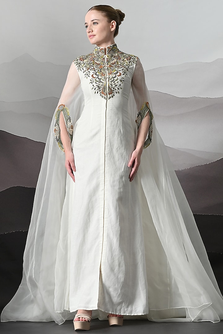 Ivory Organza & Cotton Silk Embroidered Kaftan by Samant Chauhan at Pernia's Pop Up Shop