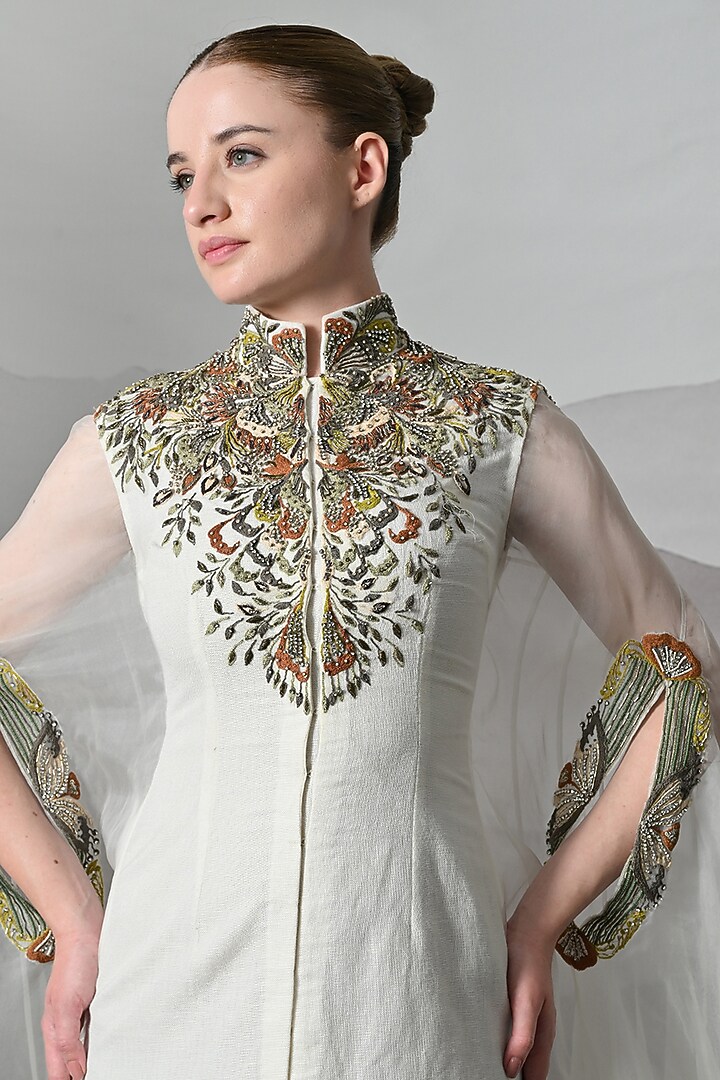 Ivory Organza & Cotton Silk Embroidered Kaftan by Samant Chauhan at Pernia's Pop Up Shop