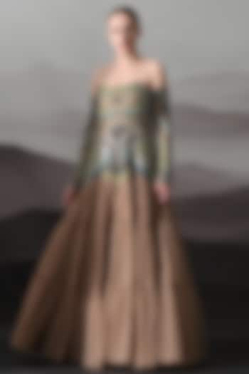 Desert Taupe Net Botanical Embroidered Off-Shoulder Wedding Gown by Samant Chauhan at Pernia's Pop Up Shop