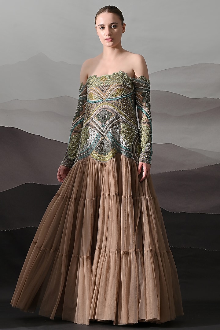 Desert Taupe Net Botanical Embroidered Off-Shoulder Wedding Gown by Samant Chauhan at Pernia's Pop Up Shop