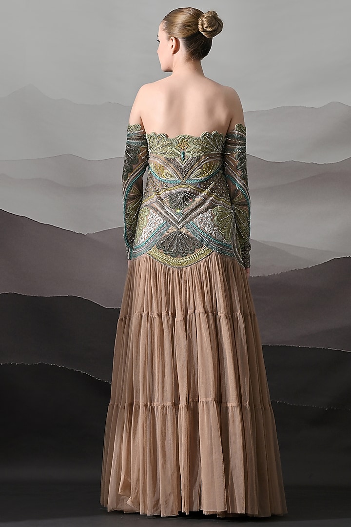 Desert Taupe Net Botanical Embroidered Off-Shoulder Wedding Gown by Samant Chauhan at Pernia's Pop Up Shop