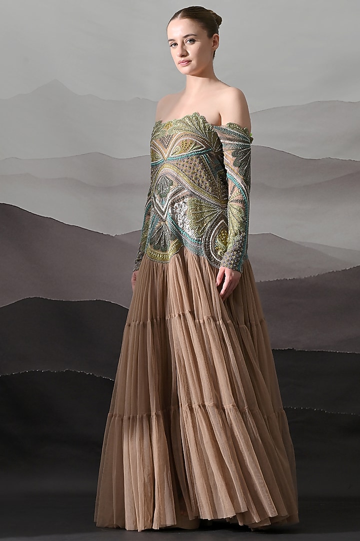Desert Taupe Net Botanical Embroidered Off-Shoulder Wedding Gown by Samant Chauhan at Pernia's Pop Up Shop
