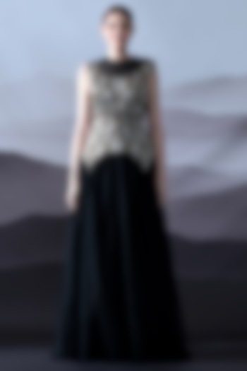 Black Net Foliage Embroidered Sculpted Wedding Gown by Samant Chauhan at Pernia's Pop Up Shop