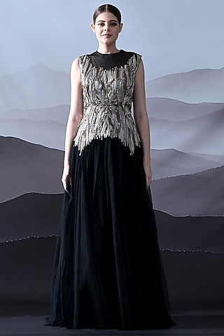 Black Net Foliage Embroidered Sculpted Gown by Samant Chauhan