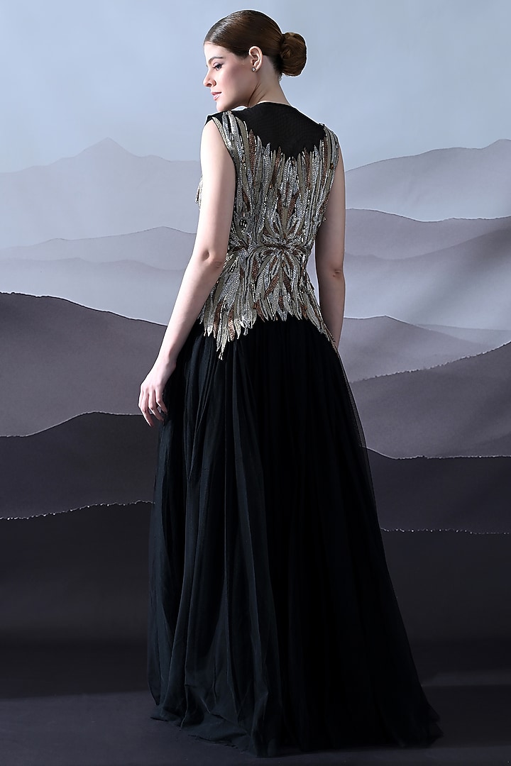 Black Net Foliage Embroidered Sculpted Wedding Gown by Samant Chauhan at Pernia's Pop Up Shop