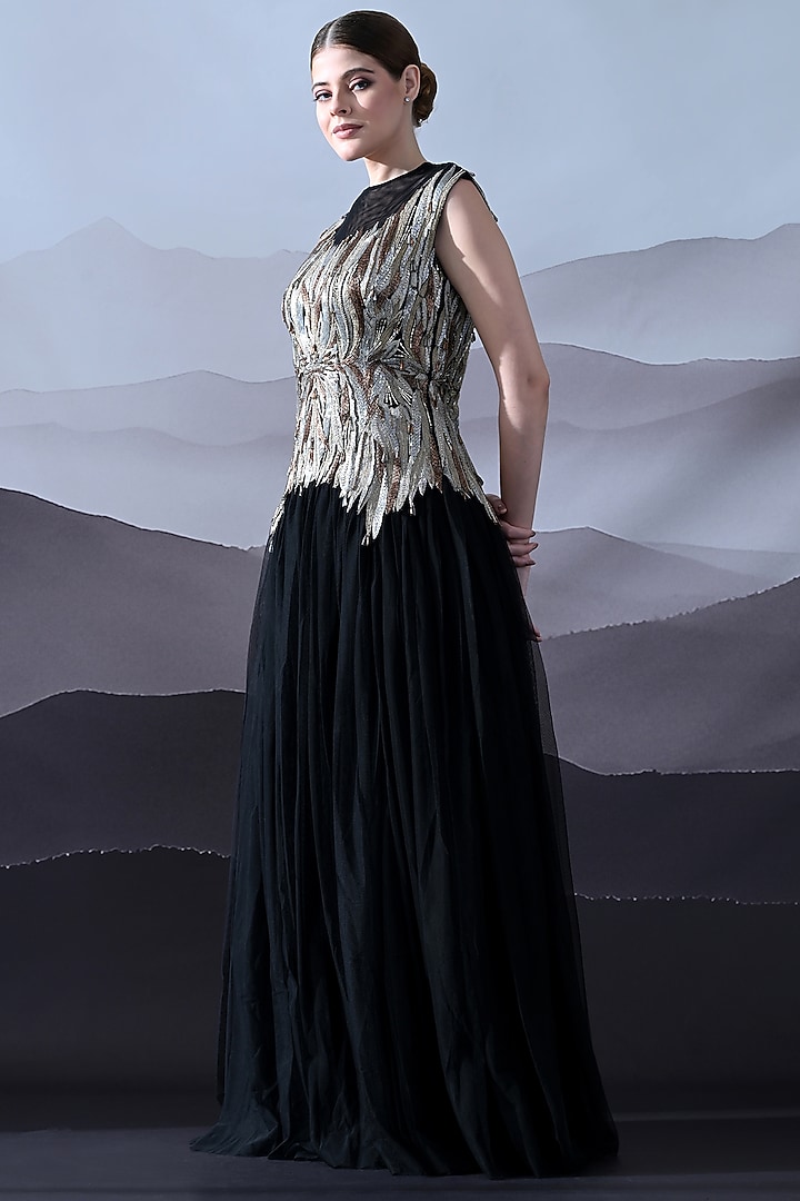 Black Net Foliage Embroidered Sculpted Wedding Gown by Samant Chauhan at Pernia's Pop Up Shop