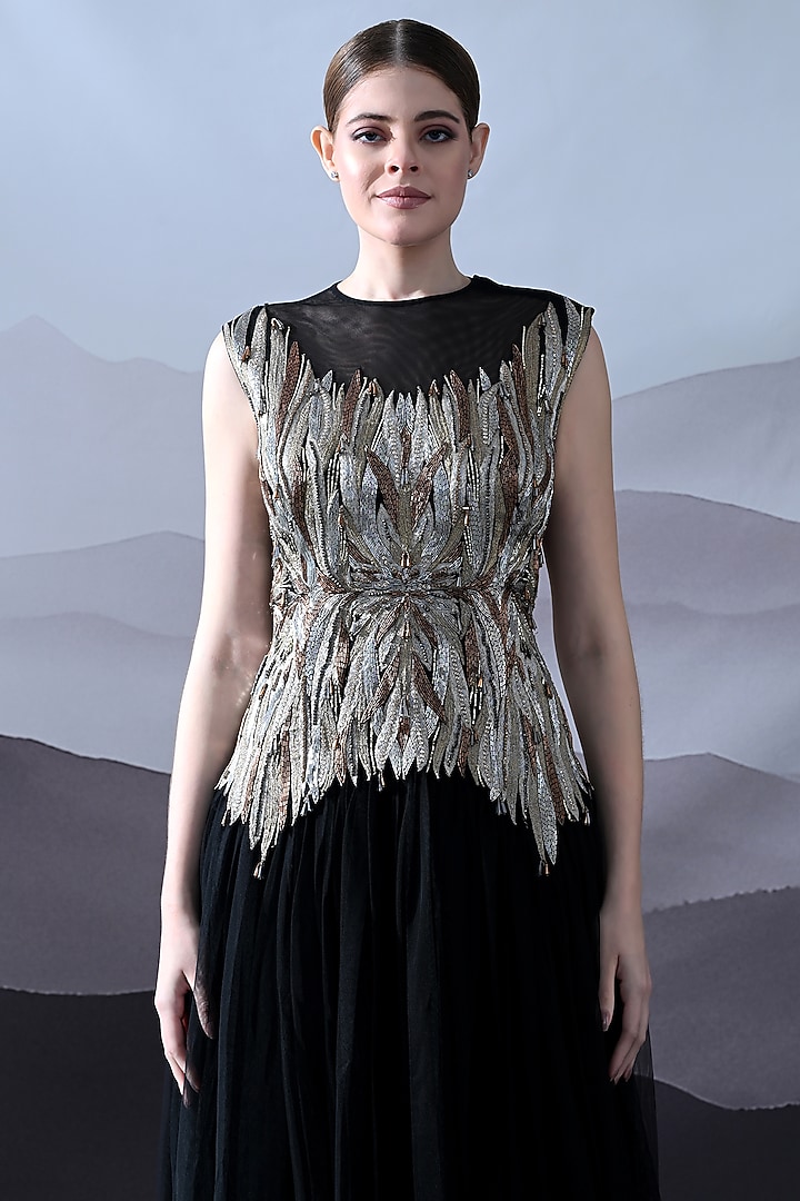 Black Net Foliage Embroidered Sculpted Wedding Gown by Samant Chauhan at Pernia's Pop Up Shop