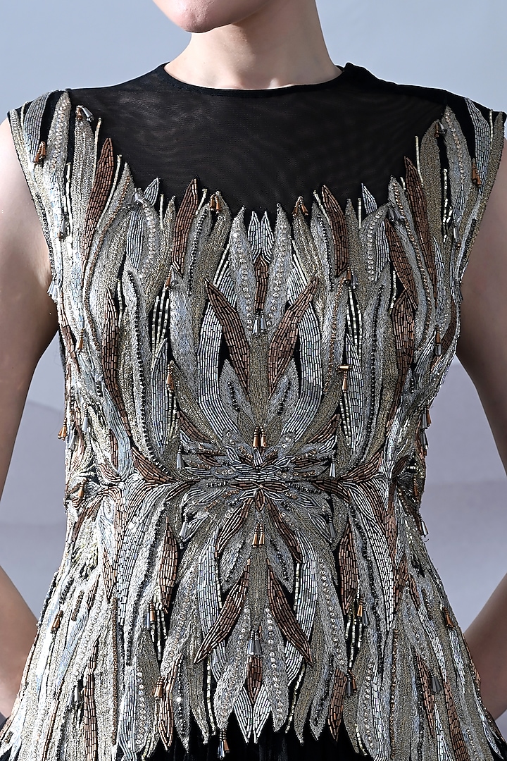 Black Net Foliage Embroidered Sculpted Wedding Gown by Samant Chauhan at Pernia's Pop Up Shop