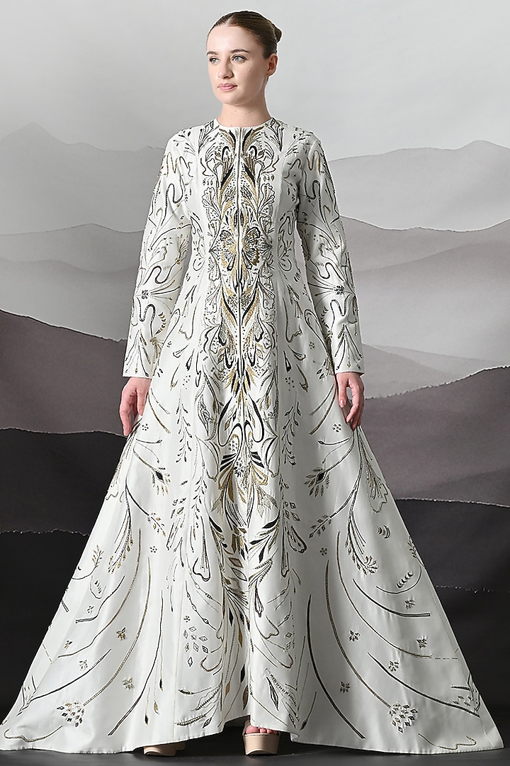 Ivory Cotton Silk Metallic Embroidered Wedding Gown by Samant Chauhan at Pernia's Pop Up Shop