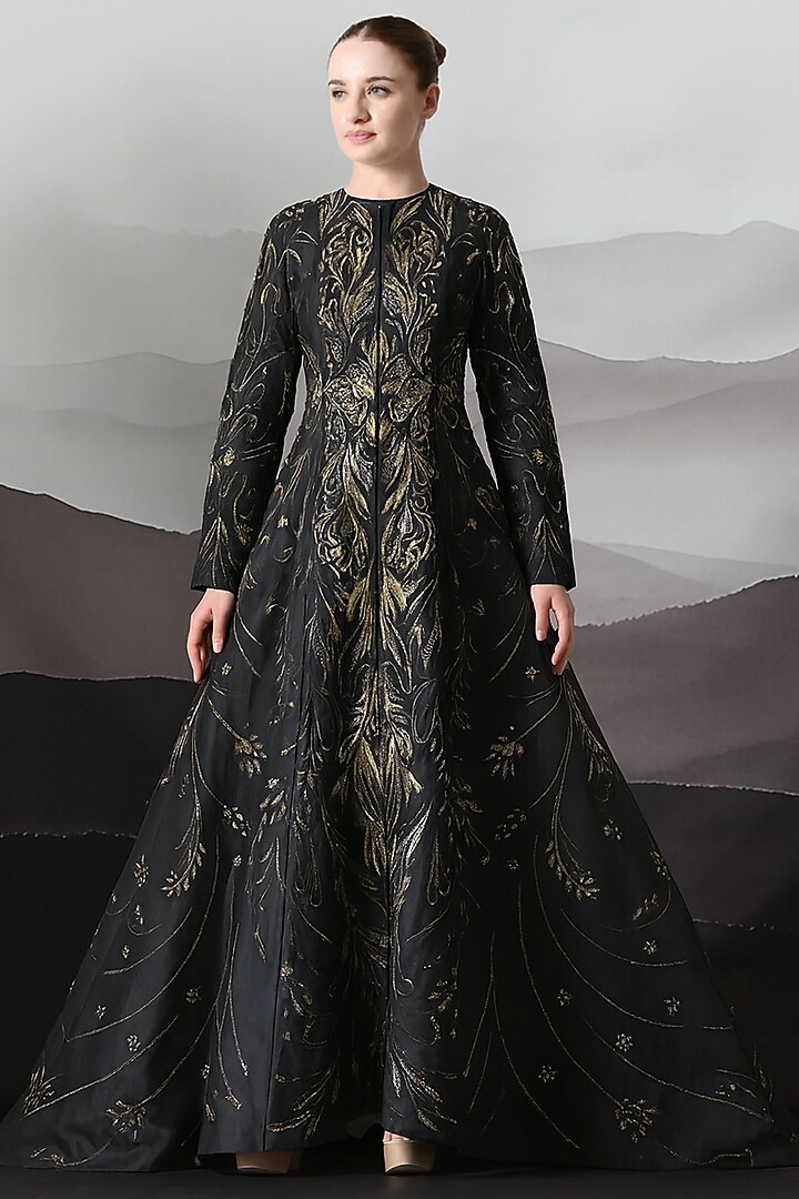 Black Cotton Silk Metallic Embroidered Wedding Gown by Samant Chauhan at Pernia's Pop Up Shop
