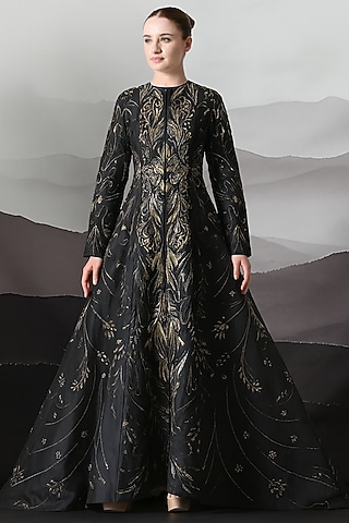 Black Cotton Silk Metallic Embroidered Gown by Samant Chauhan