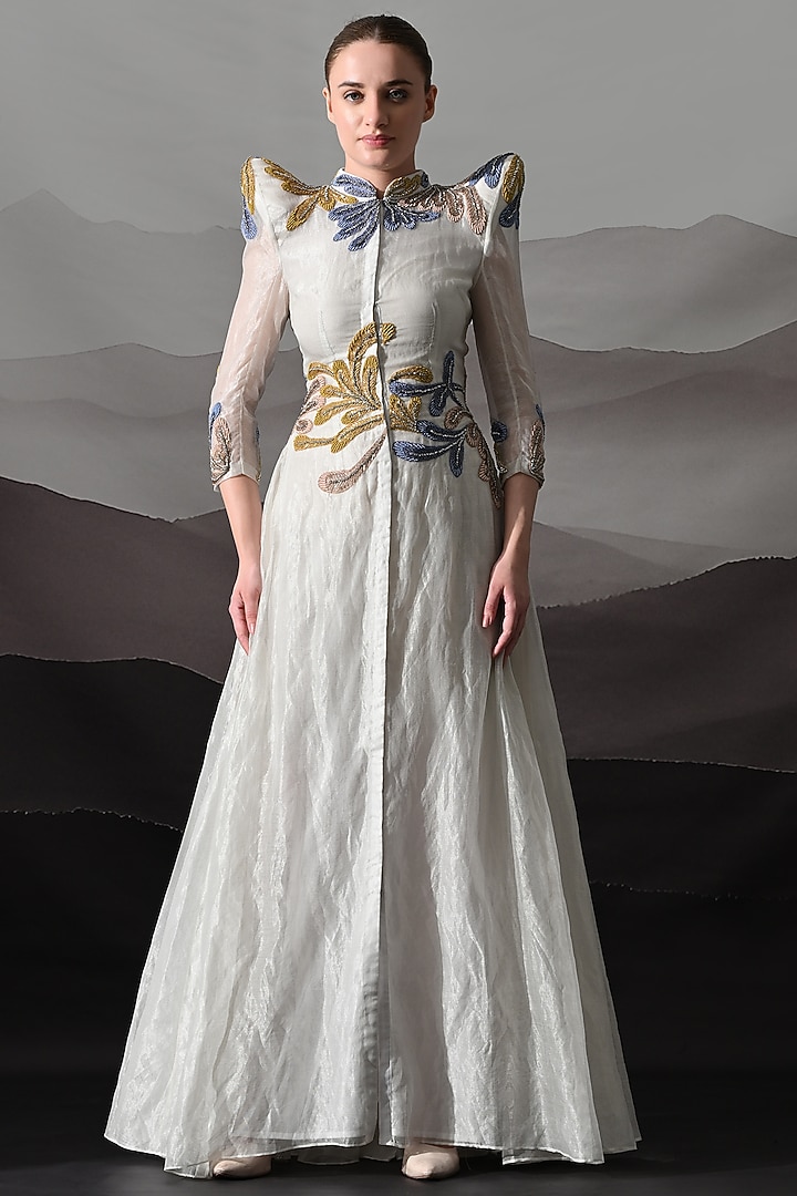 Ivory Linen Floral Embroidered Structured Wedding Gown by Samant Chauhan at Pernia's Pop Up Shop