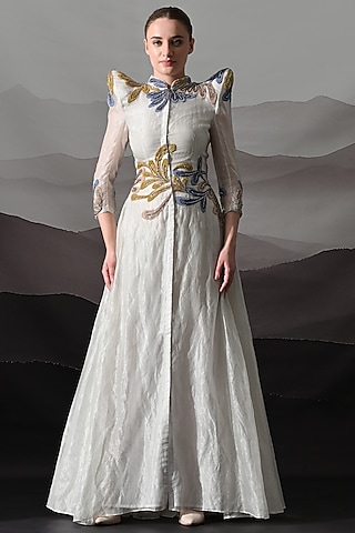 Ivory Linen Floral Embroidered Structured Gown by Samant Chauhan