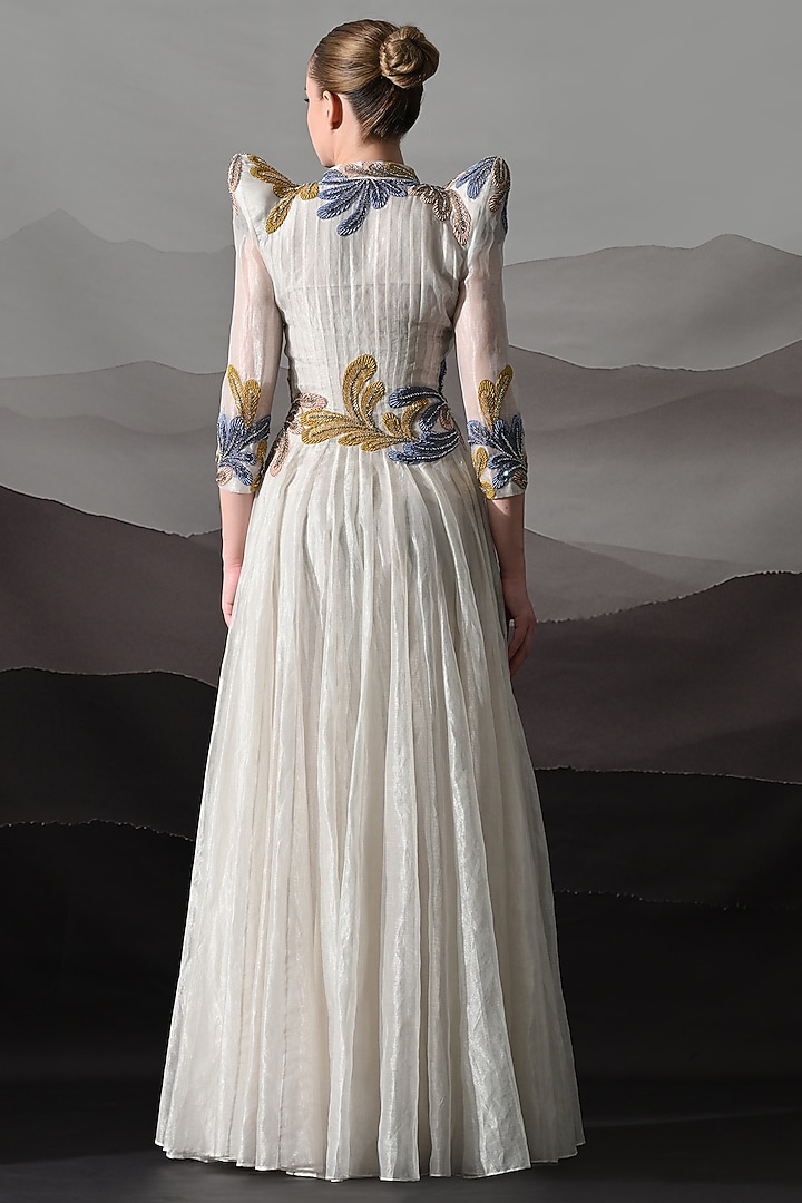 Ivory Linen Floral Embroidered Structured Wedding Gown by Samant Chauhan at Pernia's Pop Up Shop