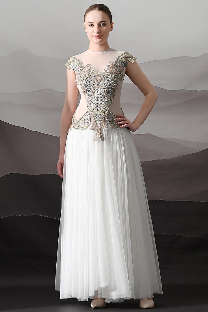 Ivory Net & Cotton Silk Embroidered Structured Wedding Gown by Samant Chauhan at Pernia's Pop Up Shop