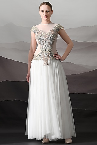 Ivory Net & Cotton Silk Embroidered Structured Gown by Samant Chauhan