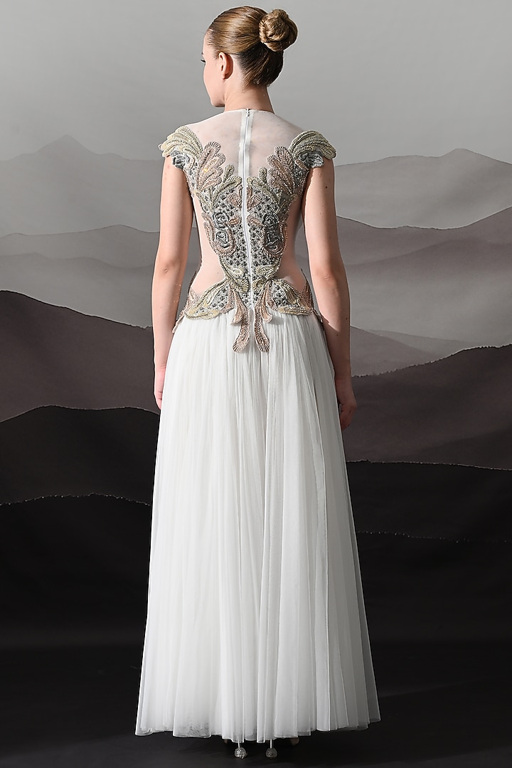 Ivory Net & Cotton Silk Embroidered Structured Wedding Gown by Samant Chauhan at Pernia's Pop Up Shop