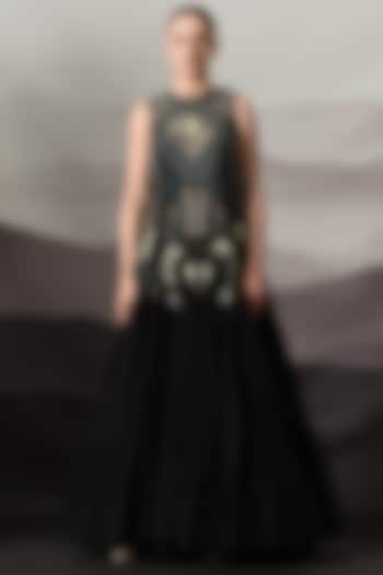 Black Net Motifs Embroidered Tiered Wedding Gown by Samant Chauhan at Pernia's Pop Up Shop