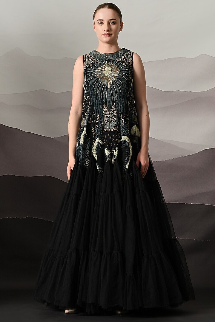 Black Net Motifs Embroidered Tiered Wedding Gown by Samant Chauhan at Pernia's Pop Up Shop