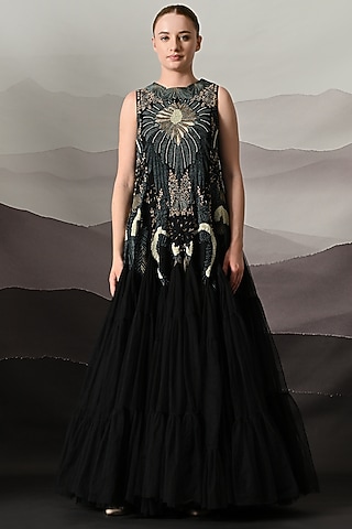 Black Net Motifs Embroidered Tiered Gown by Samant Chauhan
