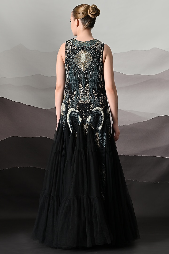 Black Net Motifs Embroidered Tiered Wedding Gown by Samant Chauhan at Pernia's Pop Up Shop