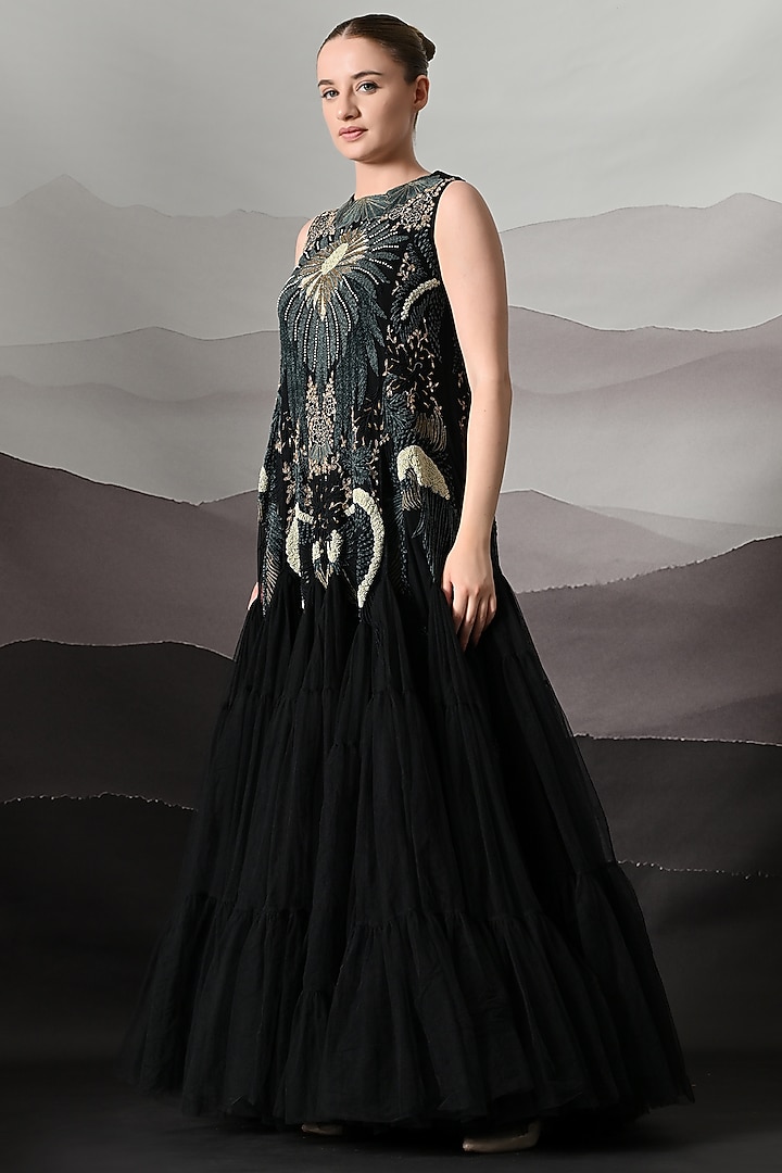Black Net Motifs Embroidered Tiered Wedding Gown by Samant Chauhan at Pernia's Pop Up Shop