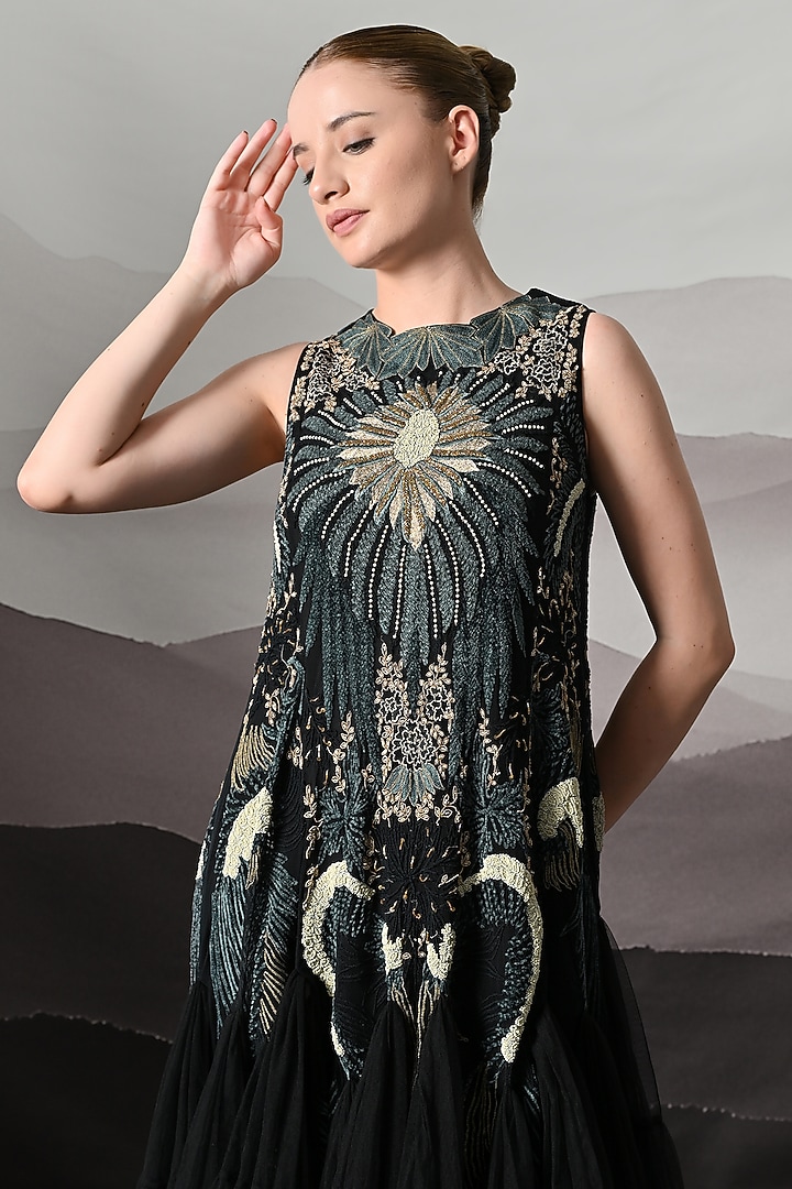 Black Net Motifs Embroidered Tiered Wedding Gown by Samant Chauhan at Pernia's Pop Up Shop