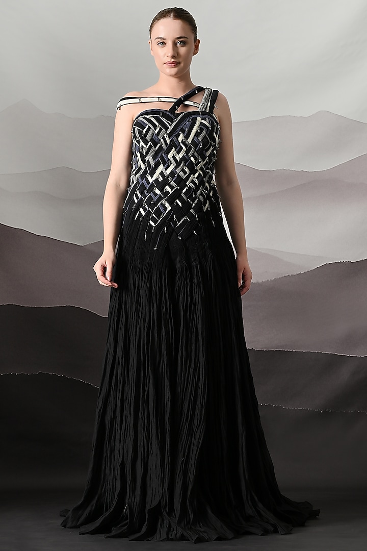 Black Cotton Silk Sculpted Bridal Gown by Samant Chauhan at Pernia's Pop Up Shop