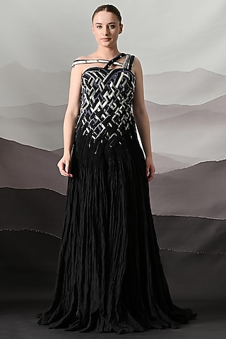 Black Cotton Silk Sculpted Gown by Samant Chauhan
