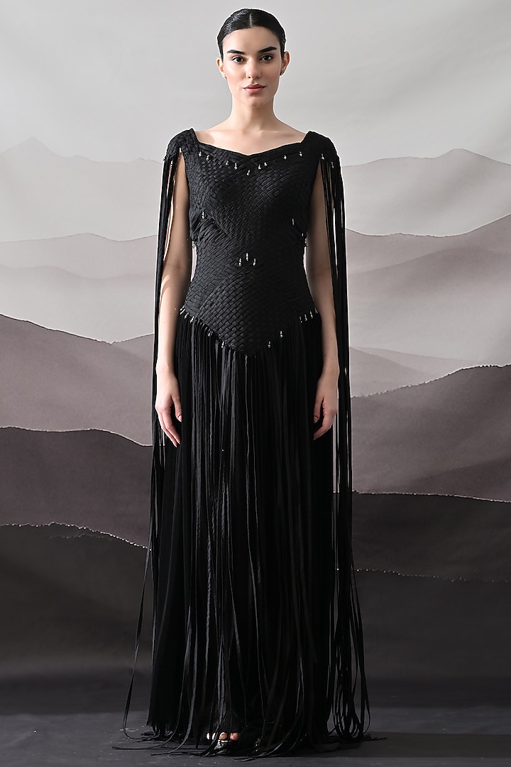Black Cotton Silk Fringed Wedding Gown by Samant Chauhan at Pernia's Pop Up Shop