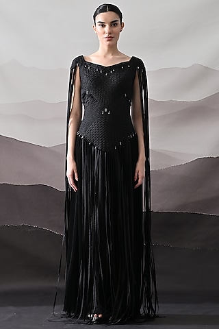 Black Cotton Silk Fringed Gown by Samant Chauhan