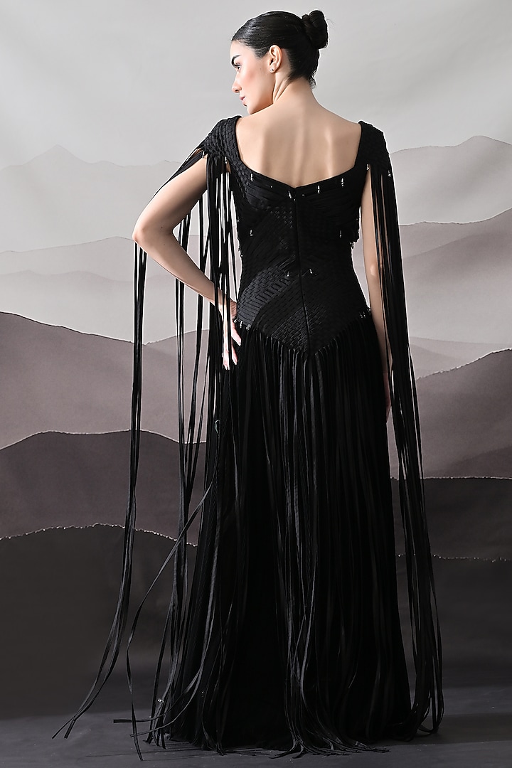 Black Cotton Silk Fringed Wedding Gown by Samant Chauhan at Pernia's Pop Up Shop