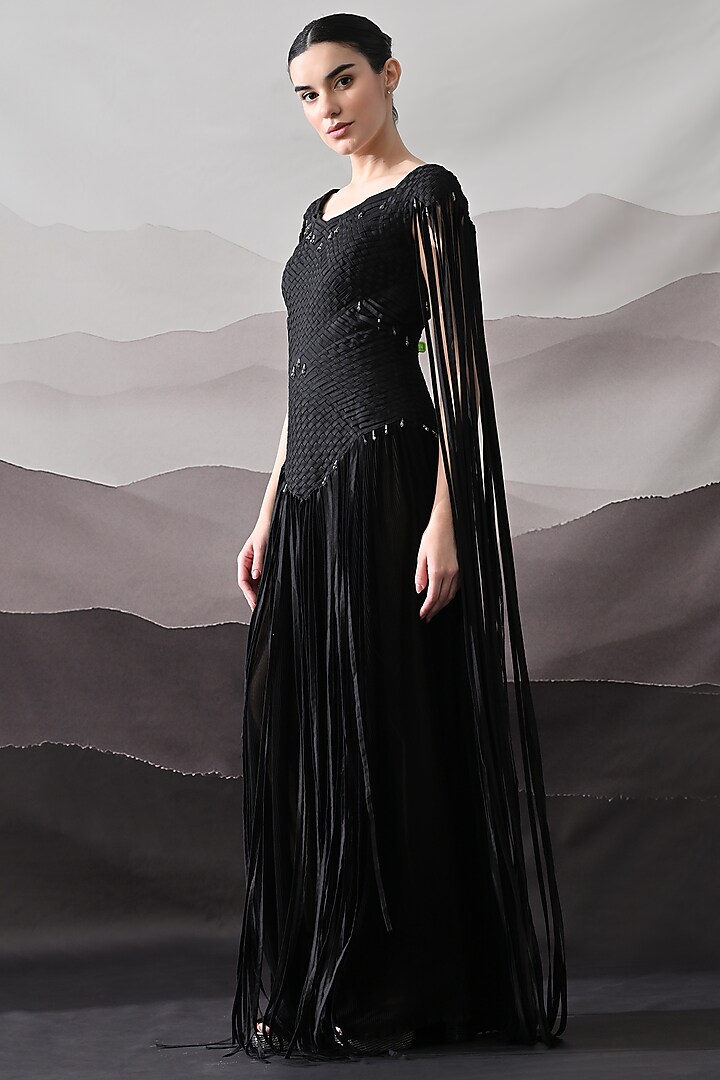 Black Cotton Silk Fringed Wedding Gown by Samant Chauhan at Pernia's Pop Up Shop