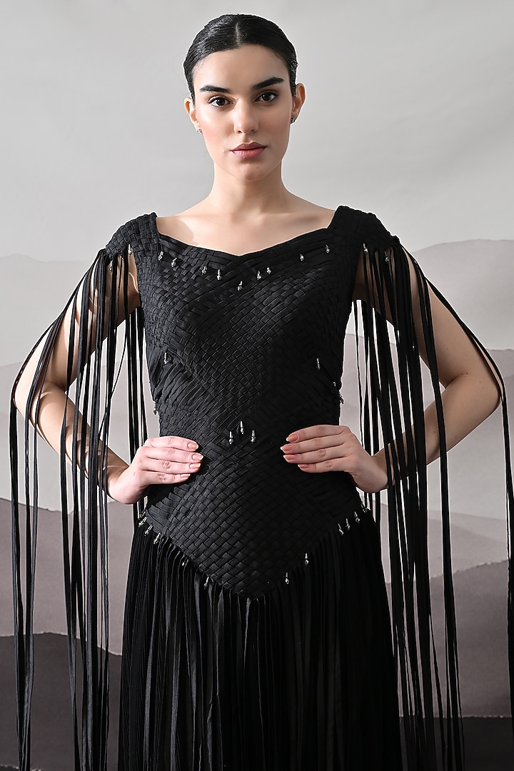 Black Cotton Silk Fringed Wedding Gown by Samant Chauhan at Pernia's Pop Up Shop