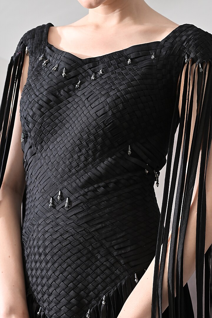 Black Cotton Silk Fringed Wedding Gown by Samant Chauhan at Pernia's Pop Up Shop